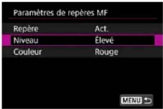 Paramètres de repères MF Repère Act. Niveau Élevé Couleur Rouge MENU ↗