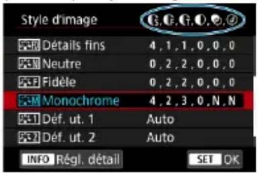 Style d'image C, C, C, O, O, ? F-1 Détails fins 4, 1, 1, 0, 0, 0 F-2 Neutre 0, 2, 2, 0, 0, 0 F-3 Fidèle 0, 2, 2, 0, 0, 0 F-4 Monochrome 4, 2, 3, 0, N, N F-5 Déf. ut. 1 Auto F-6 Déf. ut. 2 Auto INFO Régl. détail SET OK
