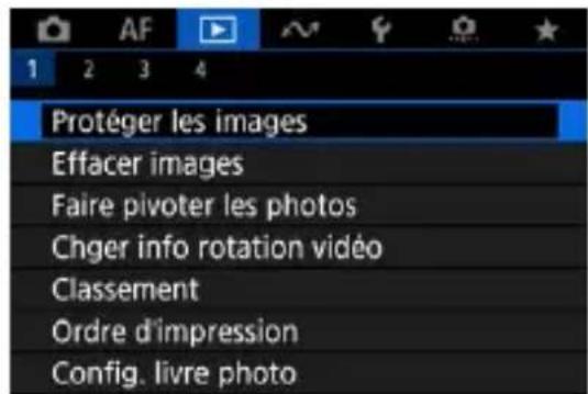 Protéger les images Effacer images Faire pivoter les photos Chger info rotation vidéo Classement Ordre d'impression Config. livre photo