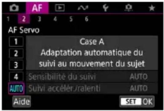 AF Servo Case A Adaptation automatique du suivi au mouvement du sujet Sensibilité du suivi AUTO AUTO Suivi accélér./ralenti AUTO Aide SET OK