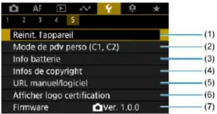 Réinit. l'appareil Mode de pdv perso (C1, C2) Info batterie Infos de copyright URL manuel/logiciel Afficher logo certification Firmware Ver. 1.0.0