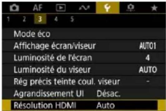 AF 1 2 3 4 5 Mode éco Affichage écran/viseur AUTO1 Luminosité de l'écran 4 Luminosité du viseur AUTO Rég précis teinte coul. viseur - Agrandissement UI Désac. Résolution HDMI Auto