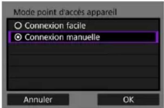 Mode point d'accès appareil Connexion facile Connexion manuelle Annuler OK