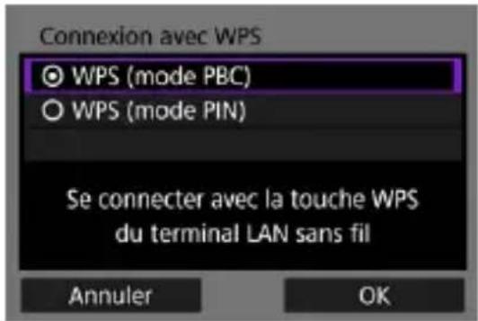 Connexion avec WPS WPS (mode PBC) WPS (mode PIN) Se connecter avec la touche WPS du terminal LAN sans fil Annuler OK