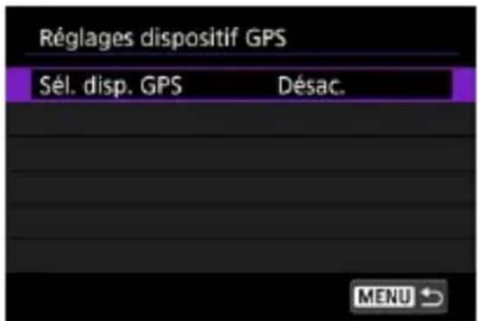 Réglages dispositif GPS Sél. disp. GPS Désac. MENU