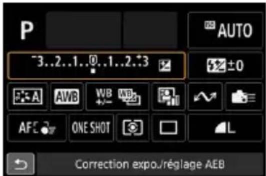 P ~3..2..1..0..1..2..3 AUTO ±0 AFC ONE SHOT L Correction expou/réglage AEB
