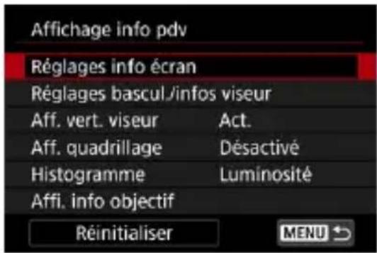 Affichage info pdv Réglages info écran Réglages bascul./infos viseur Aff. vert. viseur Act. Aff. quadrillage Désactivé Histogramme Luminosité Affi. info objectif Réinitialiser MaliND