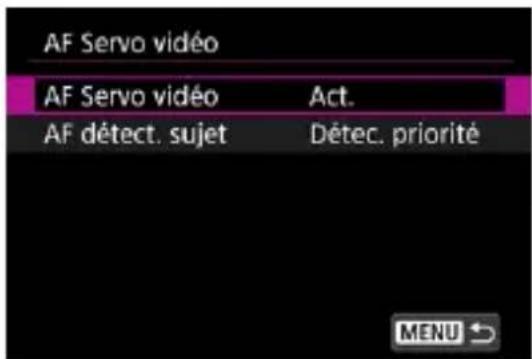 AF Servo vidéo AF Servo vidéo Act. AF détect. sujet Détec. priorité MENU