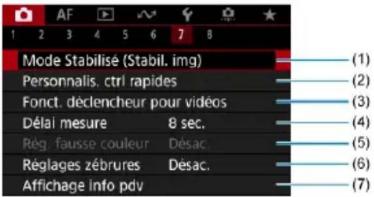 Mode Stabilisé (Stabil. img) Personalis. ctrl rapides Fonct. déclencheur pour vidéos Délai mesure 8 sec. Rég. fausse couleur Désac. Réglages zébrures Désac. Affichage info pdv (1) (2) (3) (4) (5) (6) (7)