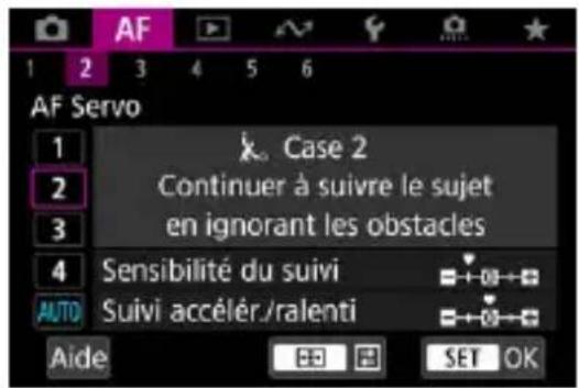 AF Servo 1 Case 2 2 Continuer à suivre le sujet 3 en ignorant les obstacles 4 Sensibilité du suivi AUTO Suivi accélér./ralenti Aide SET OK