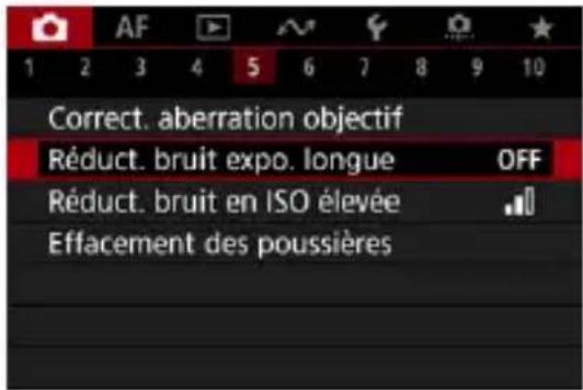 1 2 3 4 5 6 7 8 9 10 Correct. aberration objectif Réduct. bruit expo. longue OFF Réduct. bruit en ISO élevée Effacement des poussières