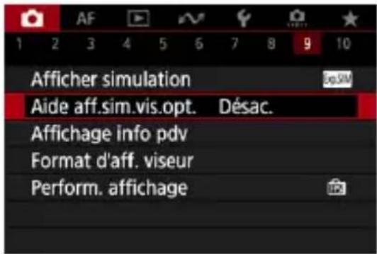 Afficher simulation Aide aff.sim.vis.opt. Désac. Affichage info pdv Format d'aff. viseur Perform. affichage
