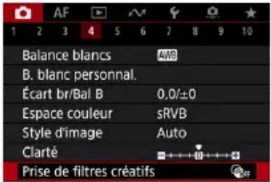 AF 1 2 3 4 5 6 7 8 9 10 Balance blancs AWB B. blanc personnel. Écart br/Bal B 0,0/±0 Espace couleur sRVB Style d'image Auto Clarté Prise de filtres créatifs