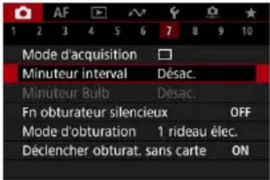 AF 1 2 3 4 5 6 7 8 9 10 Mode d'acquisition Minuteur interval Désac. Minuteur Bulb Désac. Fn obturateur silencieux OFF Mode d'obturation 1 rideau élec. Déclencher obturat. sans carte ON