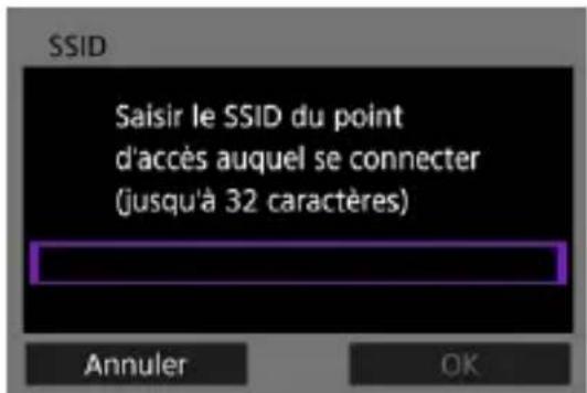 SSID Saisir le SSID du point d'accès auquel se connecter (jusqu'à 32 caractères) Annuler OK