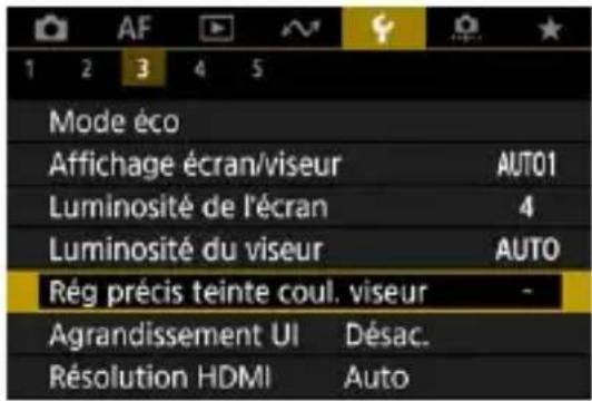 AF 1 2 3 4 5 Mode éco Affichage écran/viseur AUTO1 Luminosité de l'écran 4 Luminosité du viseur AUTO Rég précis teinte coul. viseur - Agrandissement UI Désac. Résolution HDMI Auto