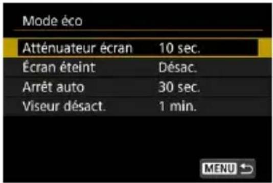 Mode éco Atténuateur écran 10 sec. Écran éteint Désac. Arrêt auto 30 sec. Viseur désact. 1 min.