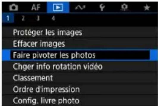 Protéger les images Effacer images Faire pivoter les photos Chger info rotation vidéo Classement Ordre d'impression Config. livre photo