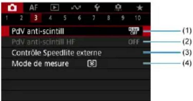 AF 1 2 3 4 5 6 7 8 9 10 PdV anti-scintill OFF PdV anti-scintill HF OFF Contrôle Speedlite externe Mode de mesure (1) (2) (3) (4)