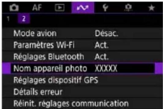 AF 1 2 Mode avion Désac. Paramètres Wi-Fi Act. Réglages Bluetooth Act. Nom appareil photo XXXXX Réglages dispositif GPS Détails erreur Réinit. réglages communication