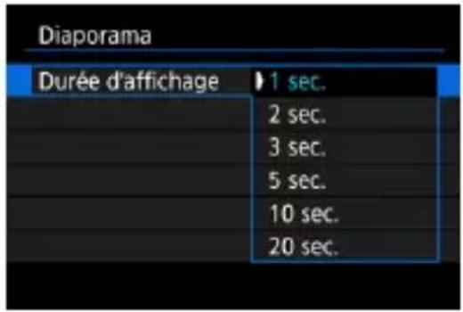 Diaporama Durée d'affichage 1 sec. 2 sec. 3 sec. 5 sec. 10 sec. 20 sec.