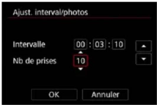 Ajust. interval/photos Intervalle 00 : 03 : 10 Nb de prises 10 OK Annuler