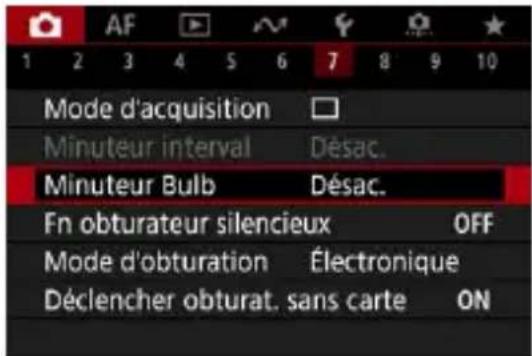 AF 1 2 3 4 5 6 7 8 9 10 Mode d'acquisition Minuteur interval Désac. Minuteur Bulb Désac. Fn obturateur silencieux OFF Mode d'obturation Électronique Déclencher obturat. sans carte ON