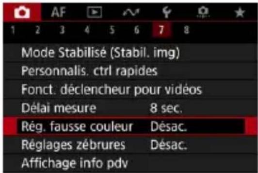 AF 1 2 3 4 5 6 7 8 Mode Stabilisé (Stabil. img) Personnalis. ctrl rapides Fonct. déclencheur pour vidéos Délai mesure 8 sec. Rég. fausse couleur Désac. Réglages zébrures Désac. Affichage info pdv