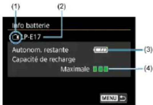(1) Info batterie LP-E17 Autonom. restante Capacité de recharge Maximale (2) (3) (4) MENU