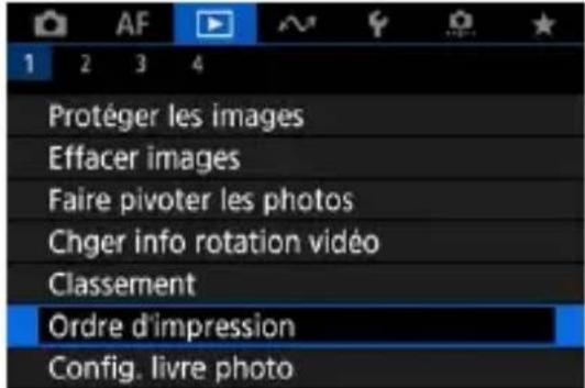 Protéger les images Effacer images Faire pivoter les photos Chger info rotation vidéo Classement Ordre d'impression Config. livre photo
