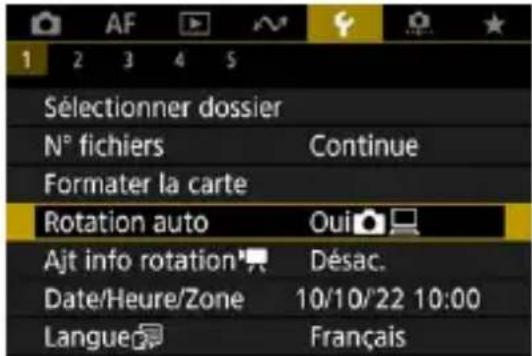 1 2 3 4 5 Sélectionner dossier N° fichiers Continue Formater la carte Rotation auto Oui Ajt info rotation Désac. Date/Heure/Zone 10/10/22 10:00 Langue Français