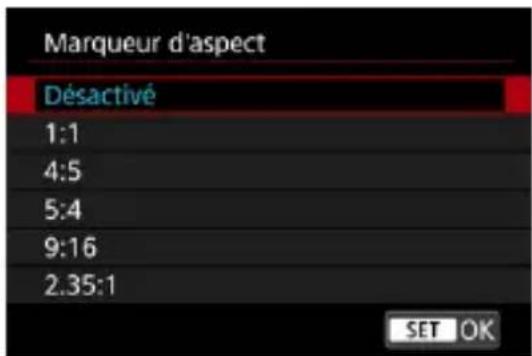 Marqueur d'aspect Désactivé 1:1 4:5 5:4 9:16 2.35:1 SET OK