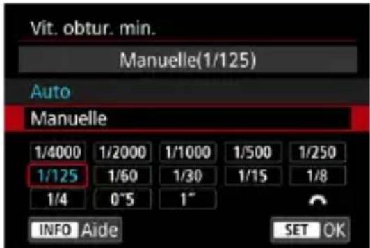 Vit. obtur. min. Manuelle(1/125) Auto Manuelle 1/4000 1/2000 1/1000 1/500 1/250 1/125 1/60 1/30 1/15 1/8 1/4 0°5 1" INFO Aide SET OK