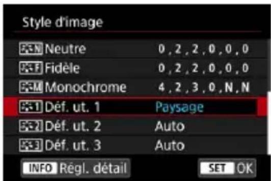Style d'image Neutre 0,2,2,0,0,0 Fidèle 0,2,2,0,0,0 Monochrome 4,2,3,0,N,N Déf. ut. 1 Paysage Déf. ut. 2 Auto Déf. ut. 3 Auto INFO Régl. détail SET OK