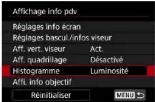 Affichage info pdv Réglages info écran Réglages bascul./infos viseur Aff. vert. viseur Act. Aff. quadrillage Désactivé Histogramme Luminosité Affi. info objectif Réinitialiser MaliNU