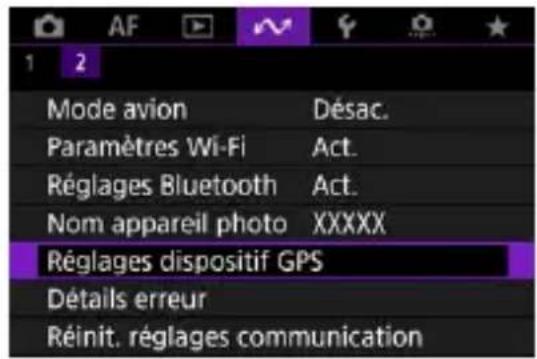 AF 1 2 Mode avion Désac. Paramètres Wi-Fi Act. Réglages Bluetooth Act. Nom appareil photo XXXXX Réglages dispositif GPS Détails erreur Réinit. réglages communication