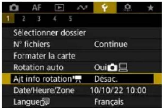 1 2 3 4 5 Sélectionner dossier N° fichiers Continue Formater la carte Rotation auto Oui Ajt info rotation Désac. Date/Heure/Zone 10/10/22 10:00 Langue Français