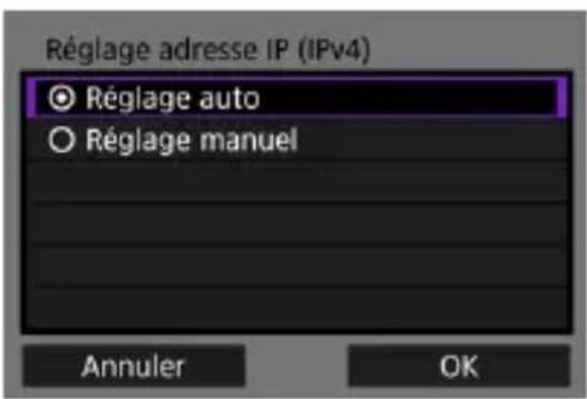 Réglage adresse IP (IPv4) Réglage auto Réglage manuel Annuler OK