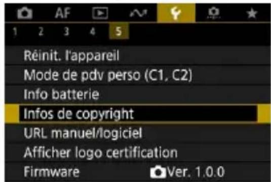 AF 1 2 3 4 5 Réinit. l'appareil Mode de pdv perso (C1, C2) Info batterie Infos de copyright URL manuel/logiciel Afficher logo certification Firmware Ver. 1.0.0