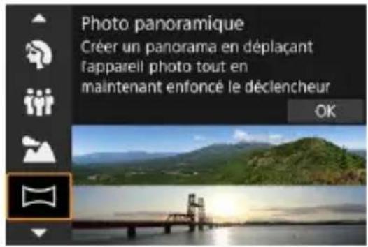Photo panoramique Créer un panorama en déplaçant l'appareil photo tout en maintenant enfoncé le déclencheur OK