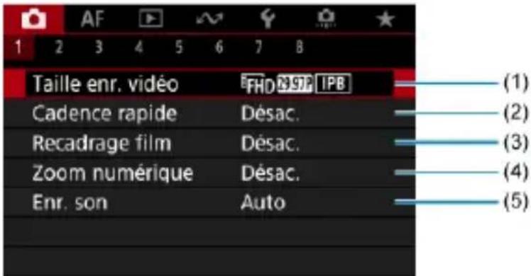 AF 1 2 3 4 5 6 7 8 Taille enr. vidéo FHD 97P IPB Cadence rapide Désac. Recadrage film Désac. Zoom numérique Désac. Enr. son Auto (1) (2) (3) (4) (5)
