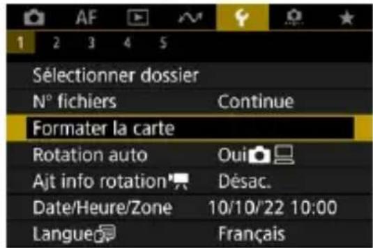 1 2 3 4 5 Sélectionner dossier N° fichiers Continue Formater la carte Rotation auto Oui Ajt info rotation Désac. Date/Heure/Zone 10/10/'22 10:00 Langue Français