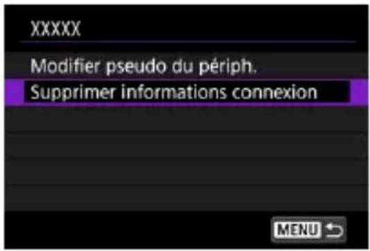 XXXXX Modifier pseudo du périph. Supprimer informations connexion MENU