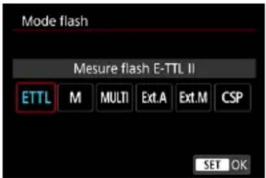Mode flash Mesure flash E-TTL II ETTL M MULTI Ext.A Ext.M CSP SET OK