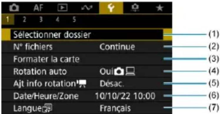 1 2 3 4 5 Sélectionner dossier N° fichiers Continue Formater la carte Rotation auto Oui Ajt info rotation Désac. Date/Heure/Zone 10/10/'22 10:00 Langue Français (1) (2) (3) (4) (5) (6) (7)
