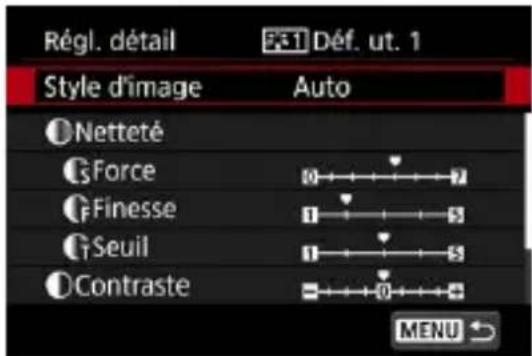 Régl. détail Style d'image Auto Netteté Force Finesse Seuil Contraste MENU