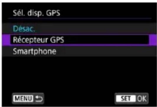 Sél. disp. GPS Désac. Récepteur GPS Smartphone MENU → SET OK