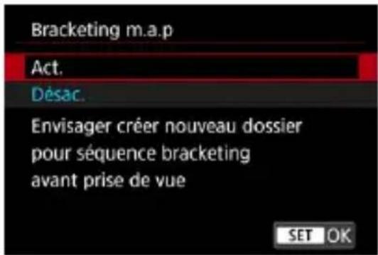 Bracketing m.a.p Act. Désac. Envisager créer nouveau dossier pour séquence bracketing avant prise de vue SET OK