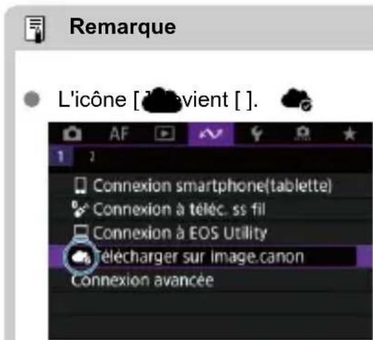Remarque L'icône [ ] : avient [ ]. 1 Connexion smartphone(tablette) Connexion à téléc. ss fil Connexion à EOS Utility Télécharger sur image.canon Connexion avancée