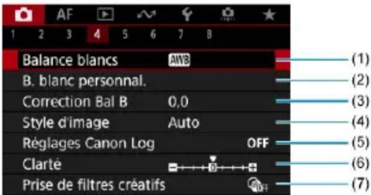 AF 1 2 3 4 5 6 7 8 Balance blancs ANB B. blanc personnel. Correction Bal B 0,0 Style d'image Auto Réglages Canon Log OFF Clarté Prise de filtres créatifs